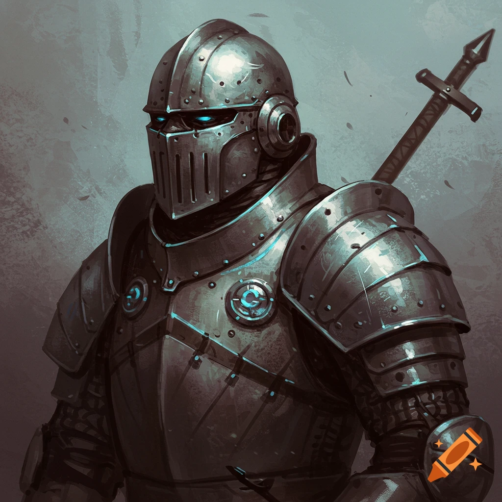Close-up of a knight in dark, sci-fi fantasy armor with glowing blue eyes, carrying a sword.