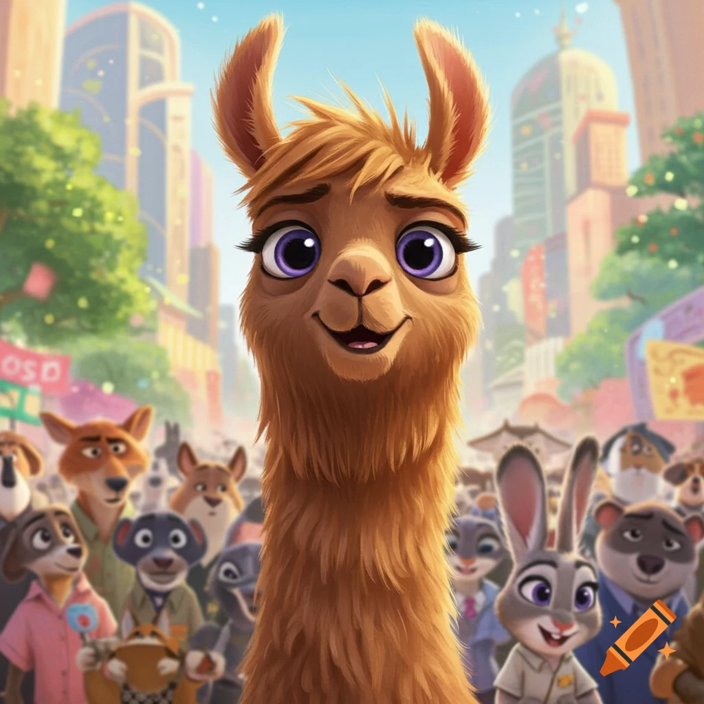 A smiling cartoon llama stands in a busy city square surrounded by other cartoon animals in a bright, animated style.