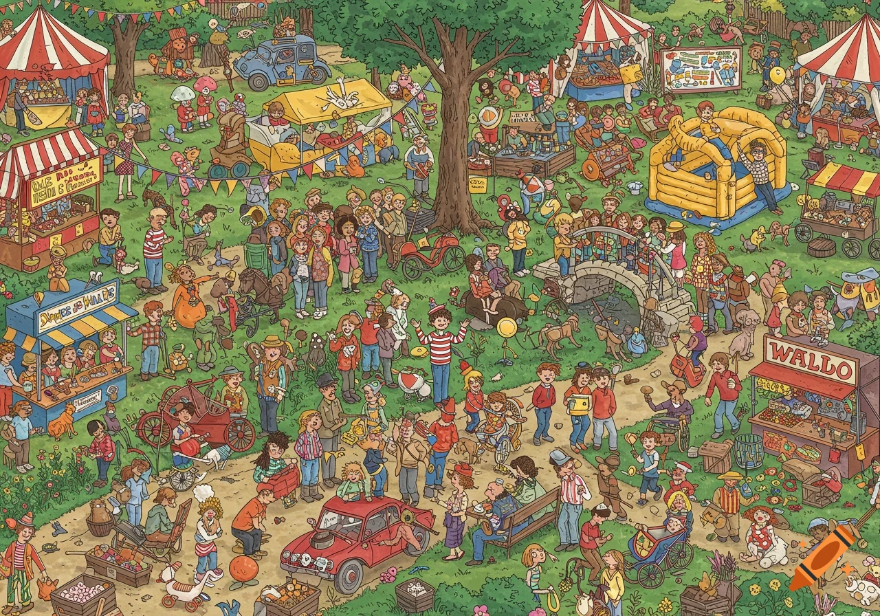 A detailed illustration of a crowded fair or carnival scene with many people, tents, stalls, and attractions.