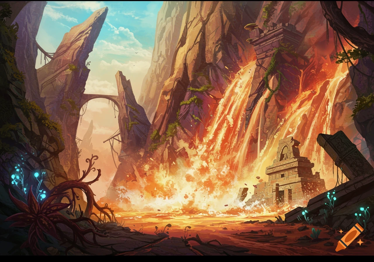 Fantasy landscape with sharp rock formations, waterfalls of lava, and ancient ruins under a dramatic sky.
