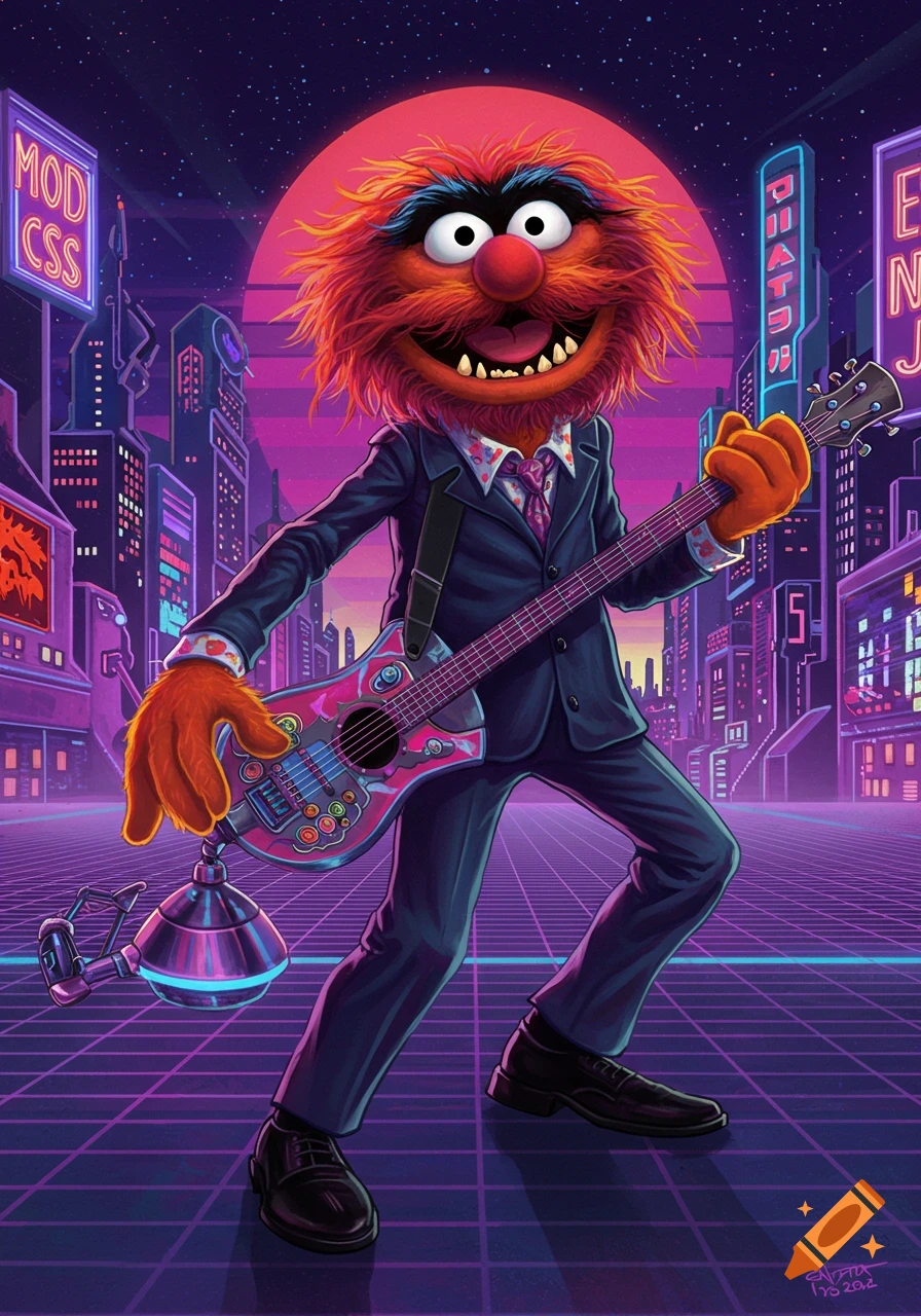 Animal from the Muppets plays a pink guitar in a neon-lit synthwave city.
