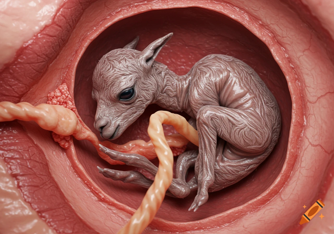 Realistic close-up of a mammal fetus, possibly a joey, inside a womb with the umbilical cord.