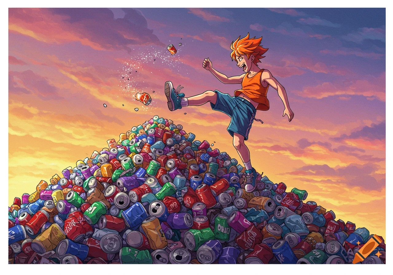 An anime boy kicks a can on a giant pile of colorful soda cans against a sunset sky.