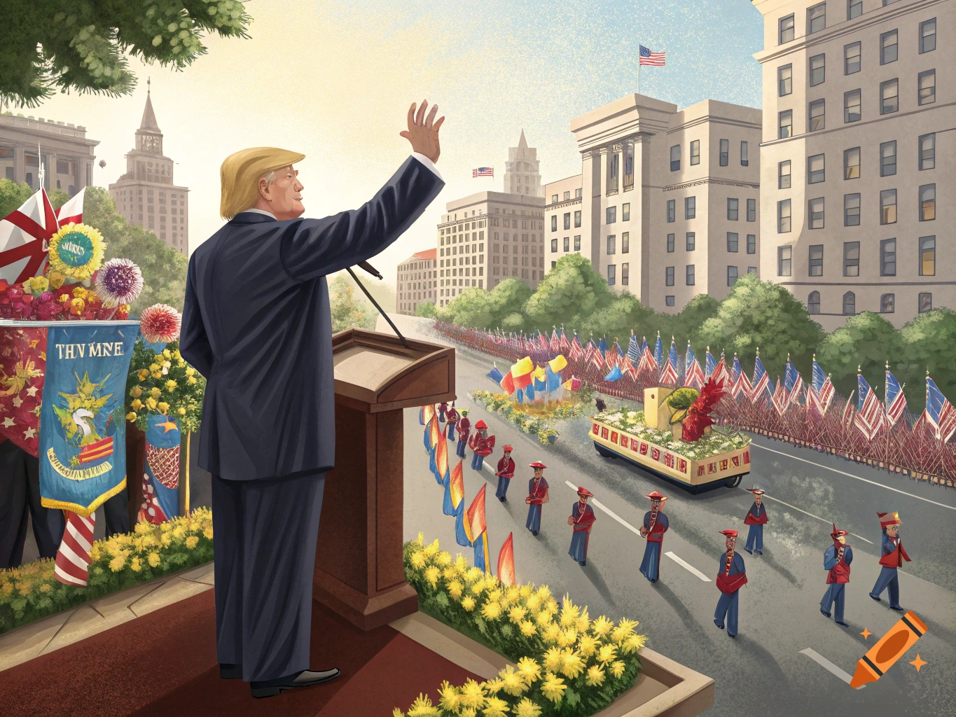 Illustration of Donald Trump waving from a podium during a parade