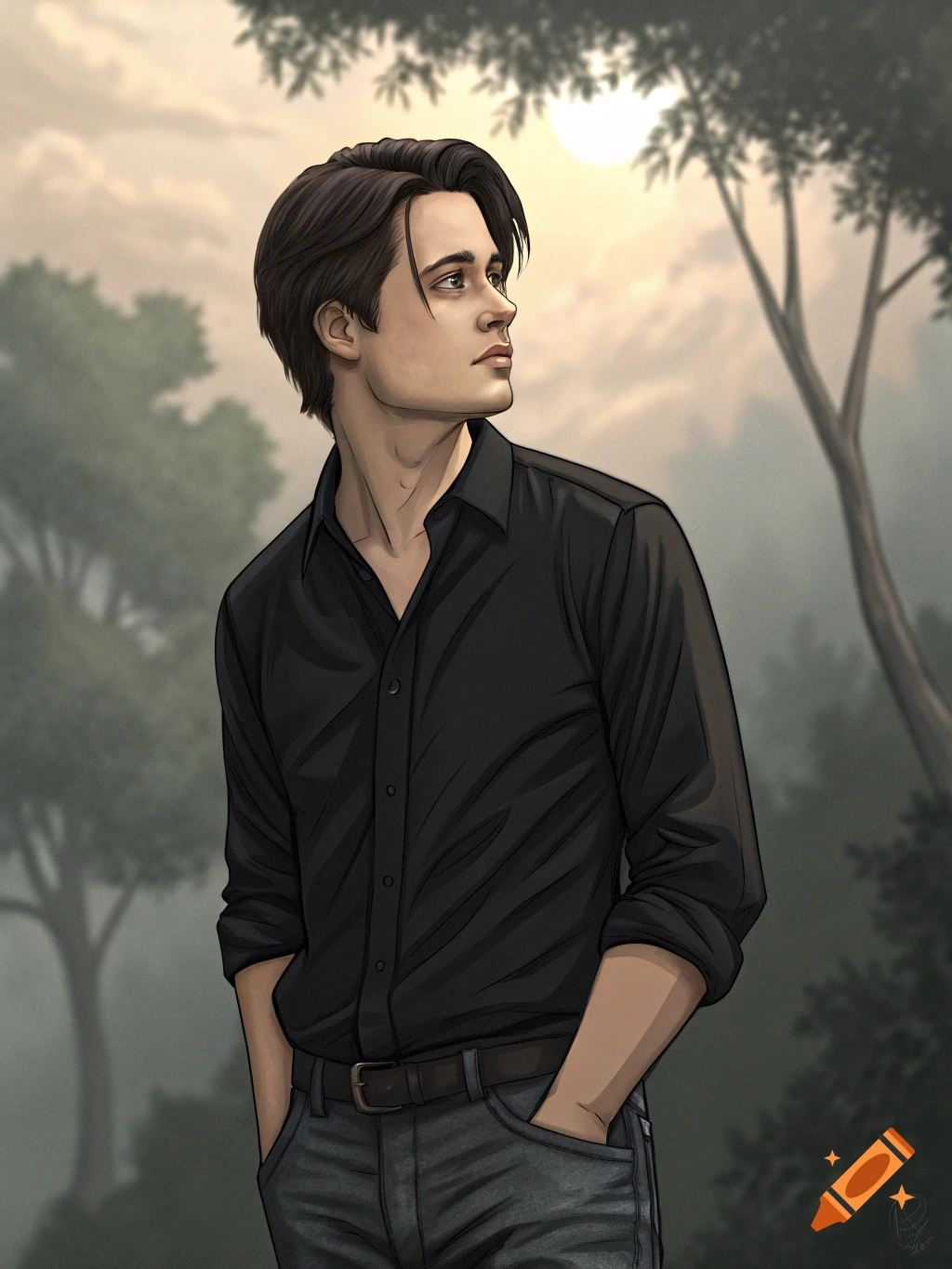 Stylized portrait of a man in a black shirt outdoors at sunset.