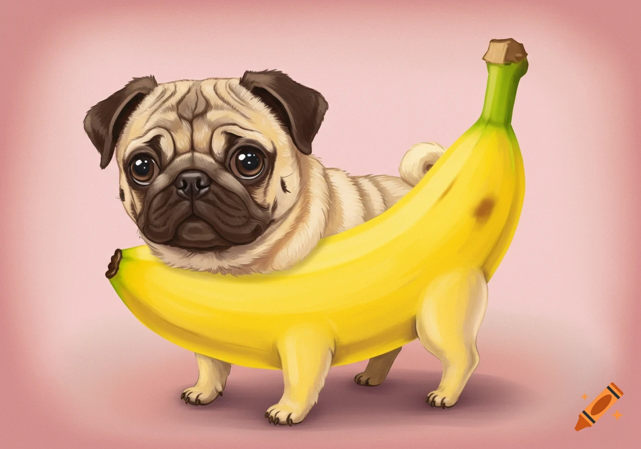 Cute pug dog wearing a banana costume, digital illustration