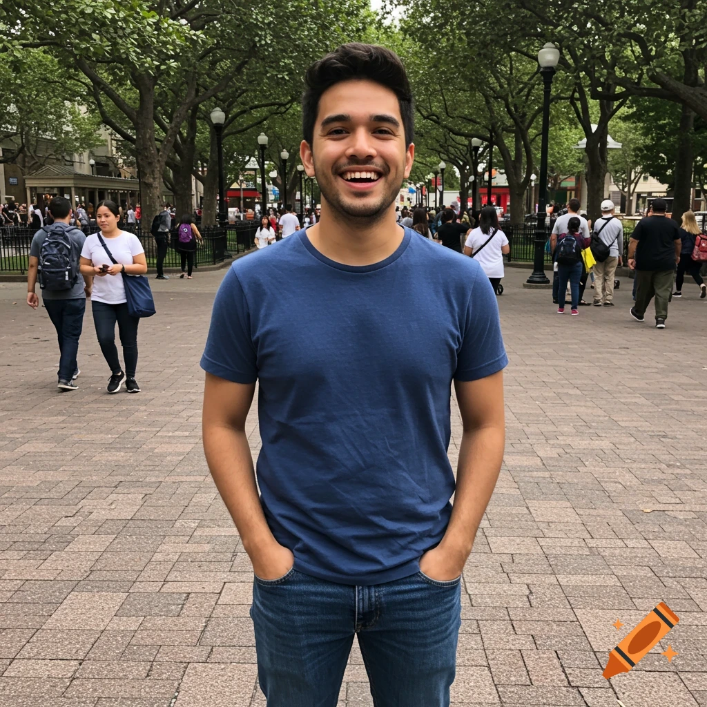 A man smiles at the camera in a park with people in the background.