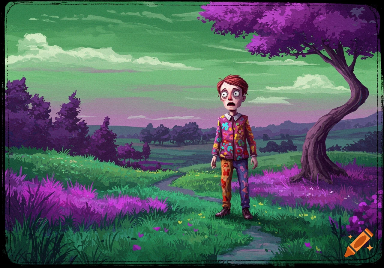 A stylized illustration of a wide-eyed person in a brightly patterned outfit standing in a colorful, surreal landscape with purple trees and green sky.