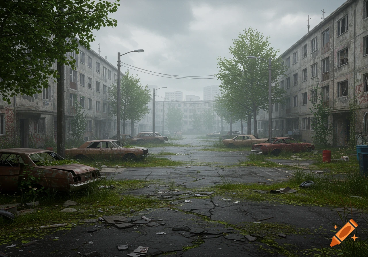 An abandoned street in a dystopian city, with derelict apartment buildings, rusty cars, and overgrown vegetation under a foggy sky.