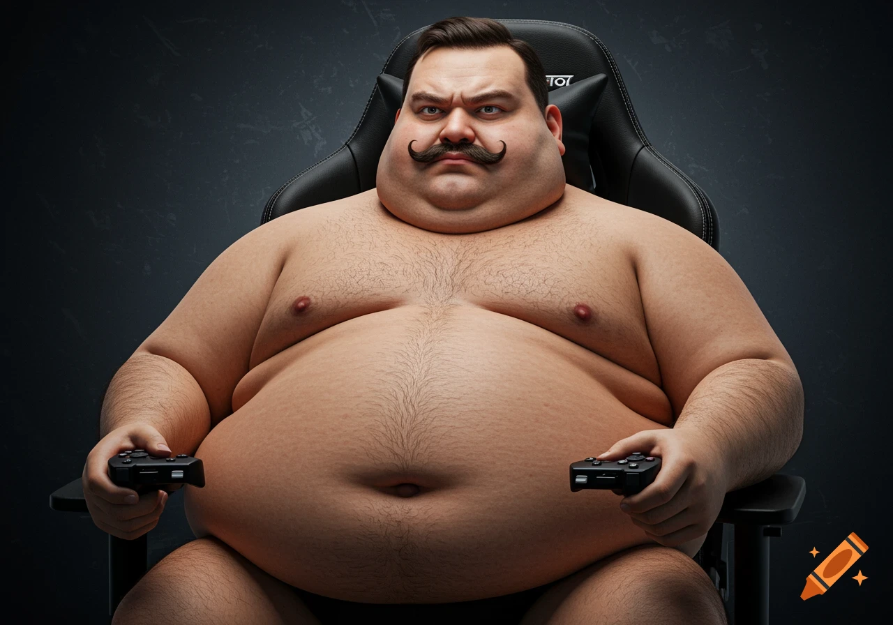 Realistic portrait of an obese man with a mustache in a gaming chair holding controllers.