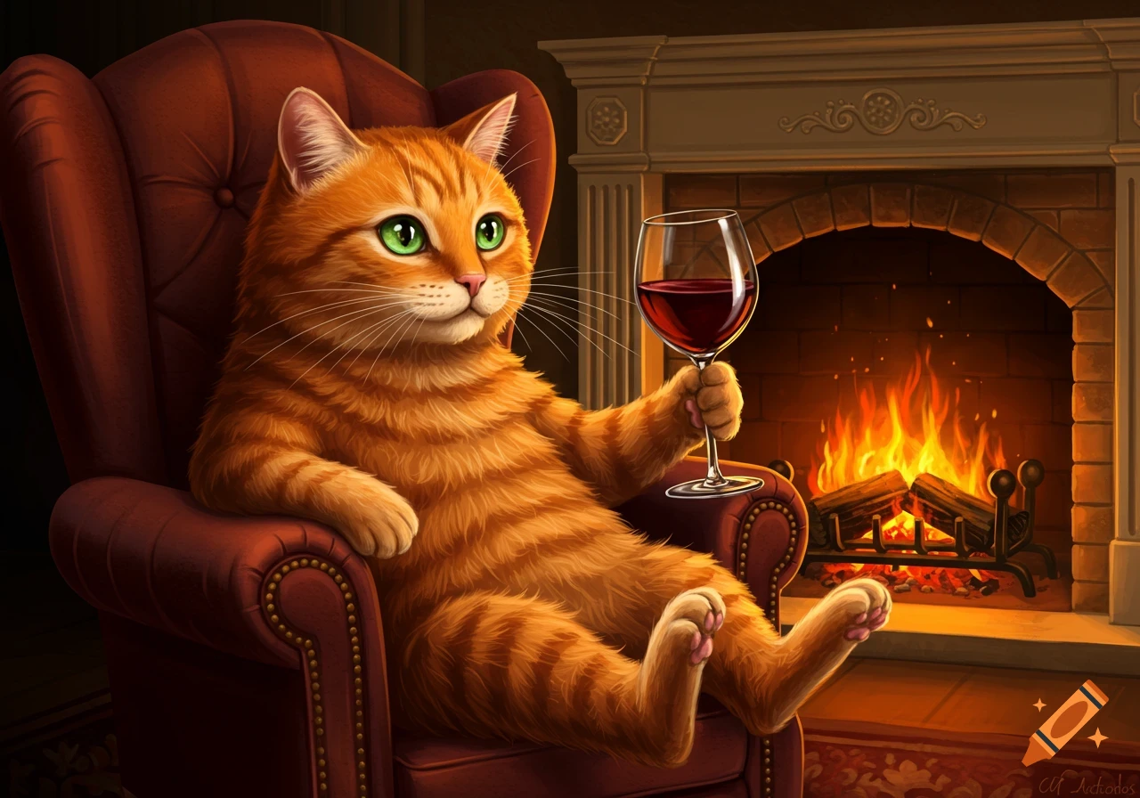 An orange cat sits in an armchair by a fireplace, holding a glass of red wine.