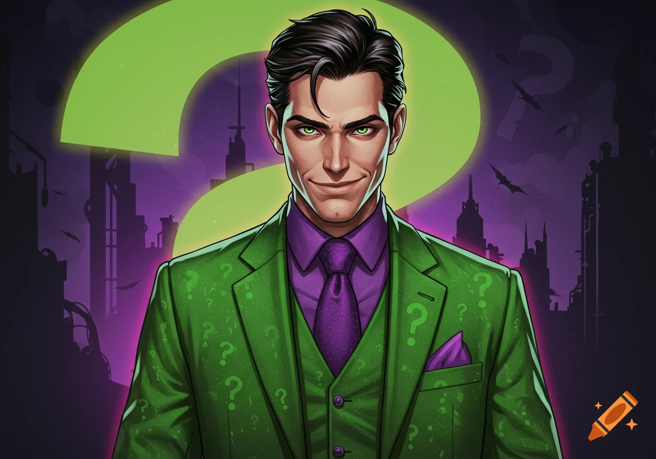 Illustration of the Riddler in a green suit against a cityscape and large question mark.