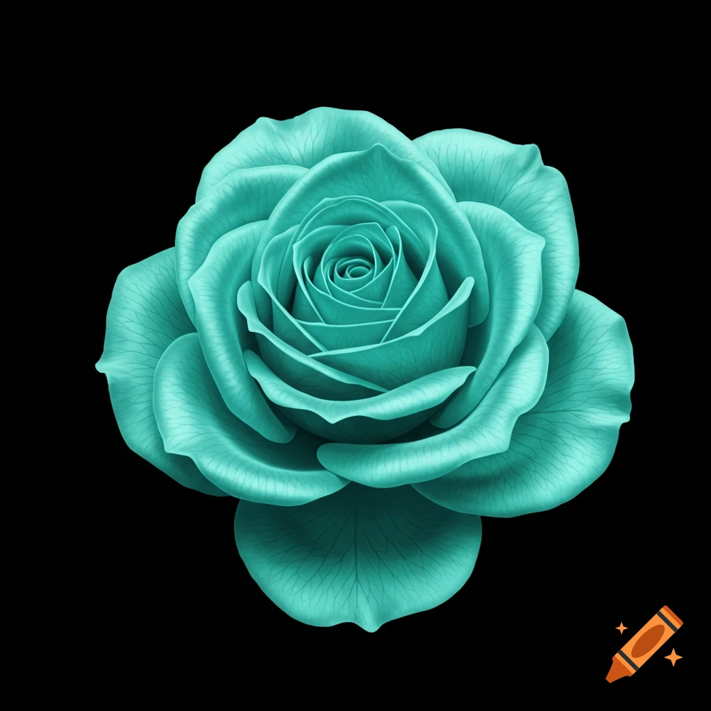 A realistic teal rose on a black background.