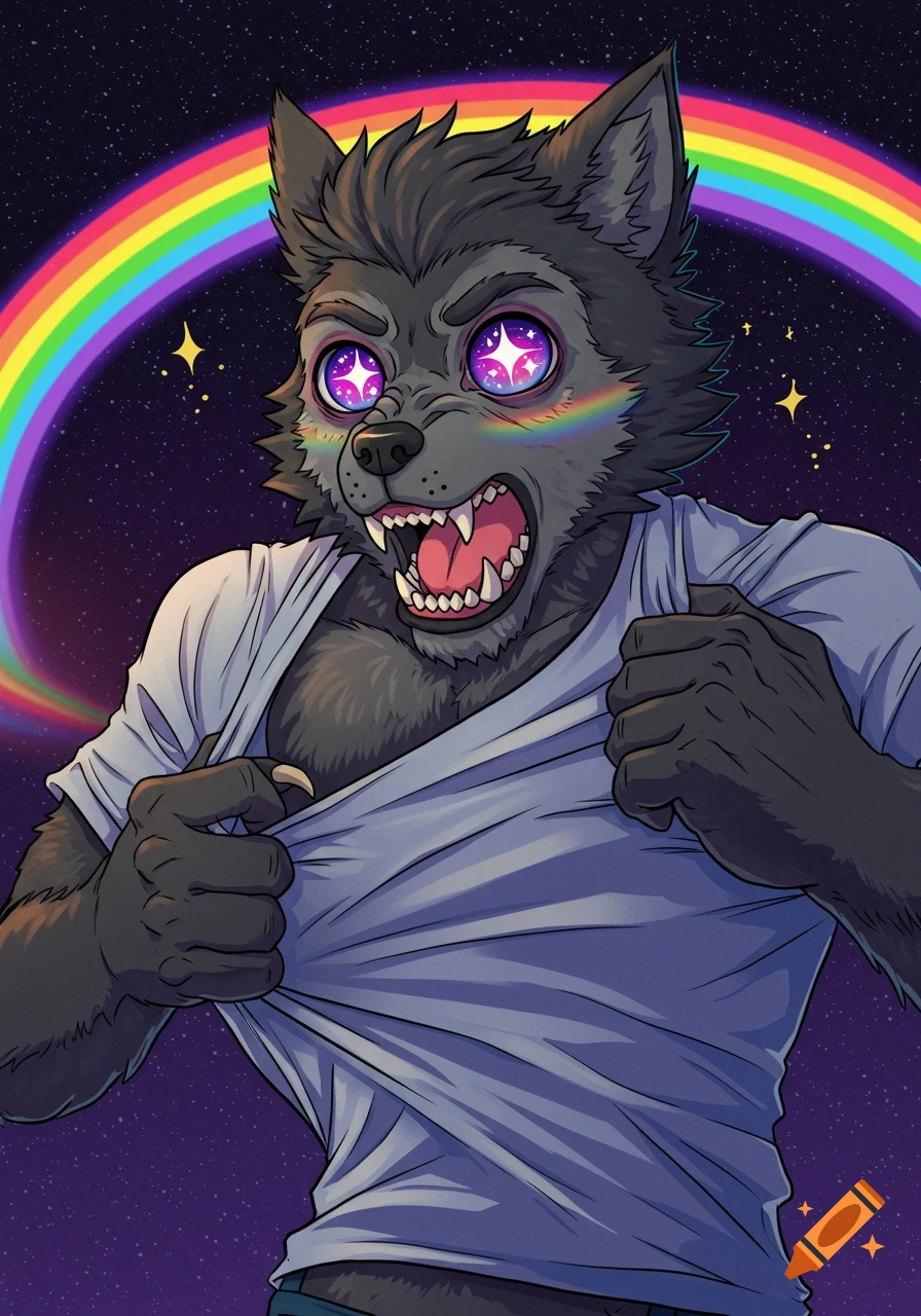 Cartoon werewolf with starry anime eyes ripping shirt, rainbow in starry sky