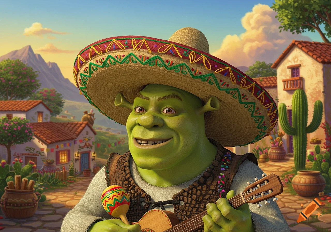 Shrek wearing a sombrero and playing a guitar and maraca in a Mexican village.