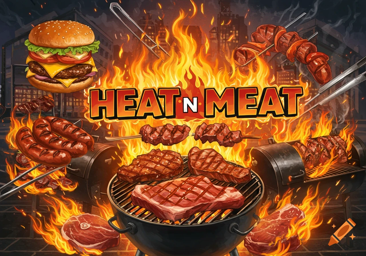 An illustration of a barbecue scene with grilling meat, burgers, skewers, fire, and the text "HEAT N MEAT".