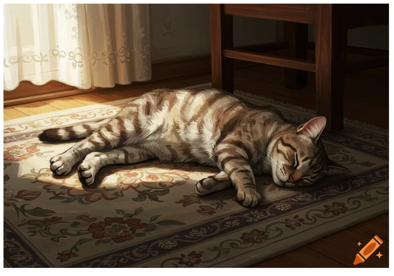 Tabby cat sleeping on a patterned rug in a sunbeam