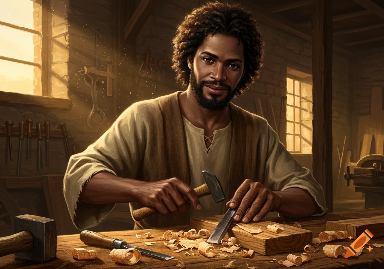 Man with curly hair and beard working as a carpenter with hammer and chisel in a sunlit workshop filled with tools and wood shavings.