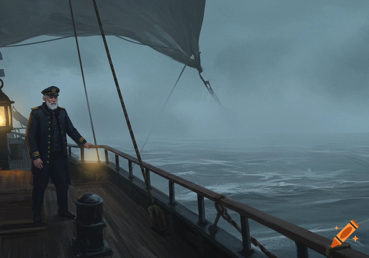 A captain stands on the deck of a ship in dense fog.