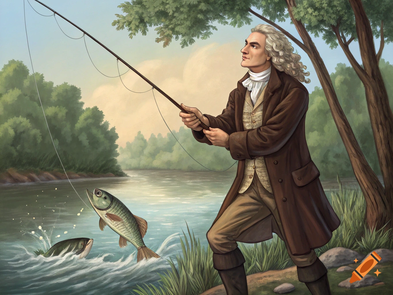 An illustration of a man in 18th-century clothes fishing in a river with a fish jumping from the water.