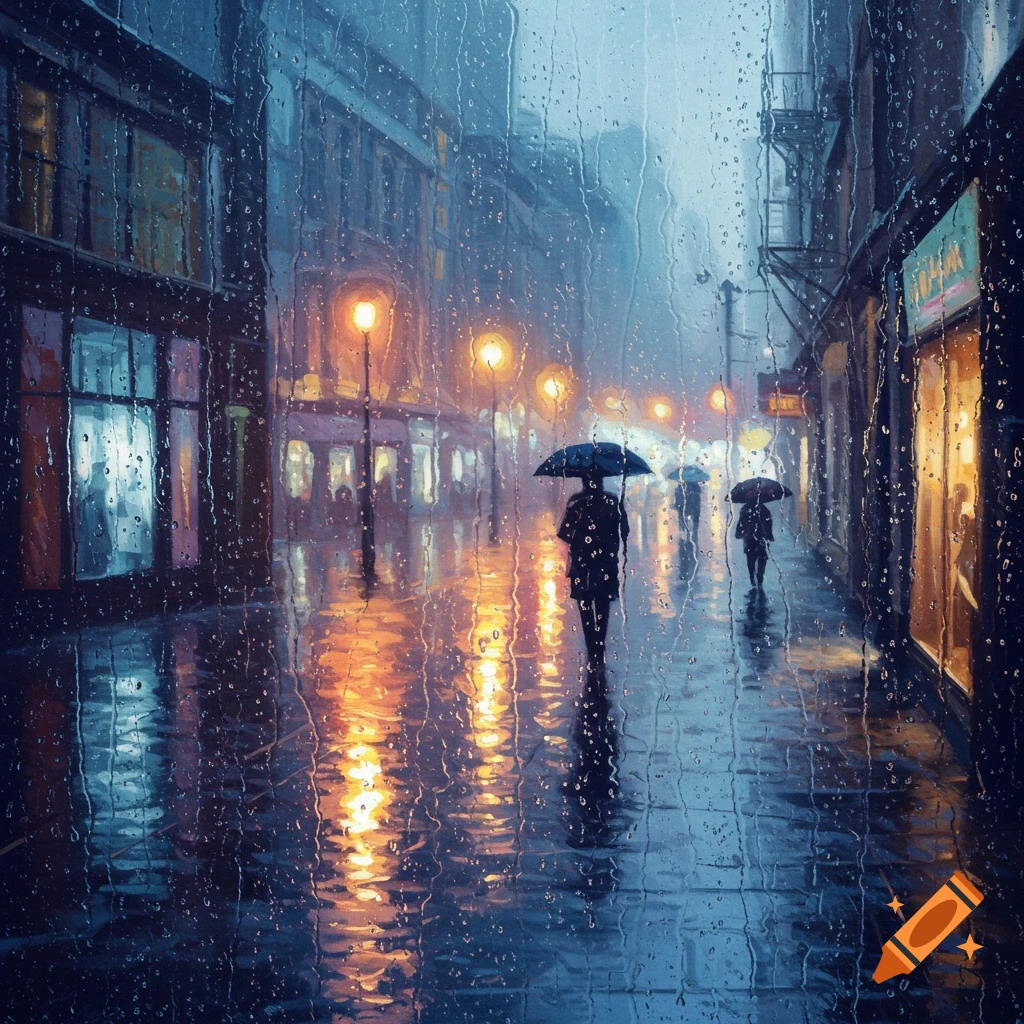 People with umbrellas walk down a rainy city street with glowing lights reflected on the wet ground.