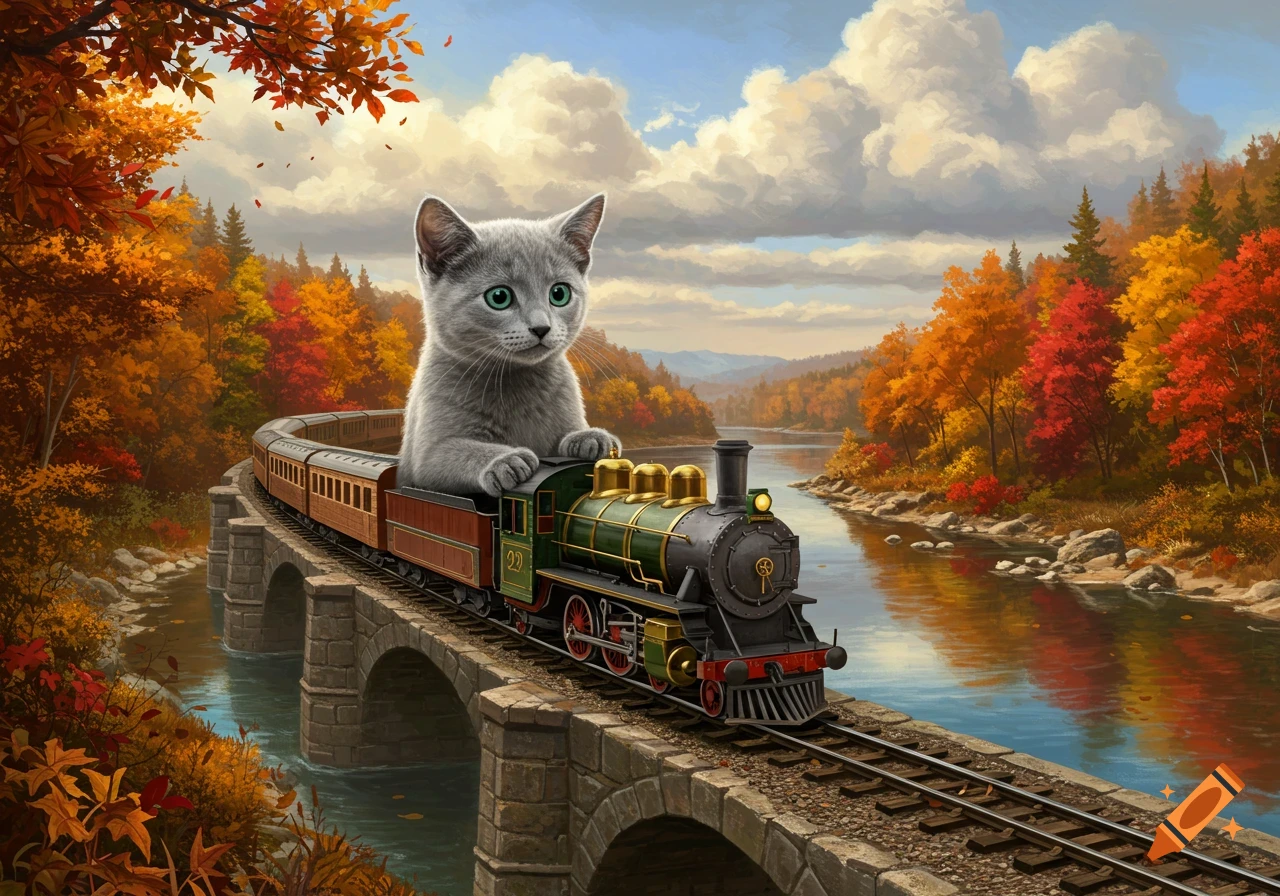 A gray kitten rides a train across a stone bridge over a river during autumn.