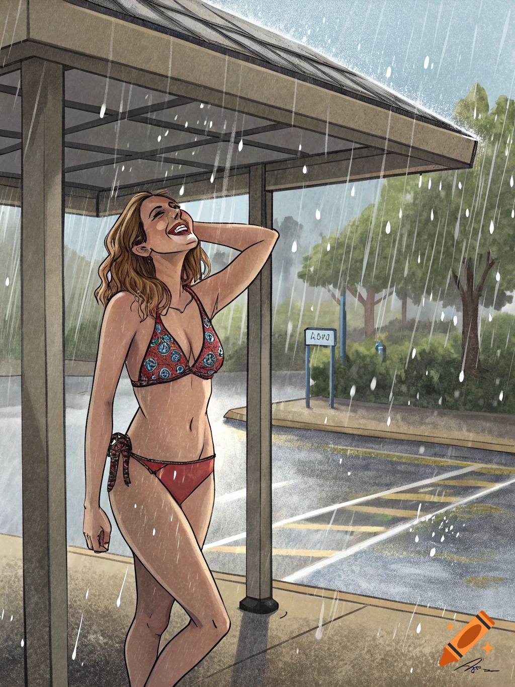 Illustration of a woman in a bikini standing under a shelter in the rain.