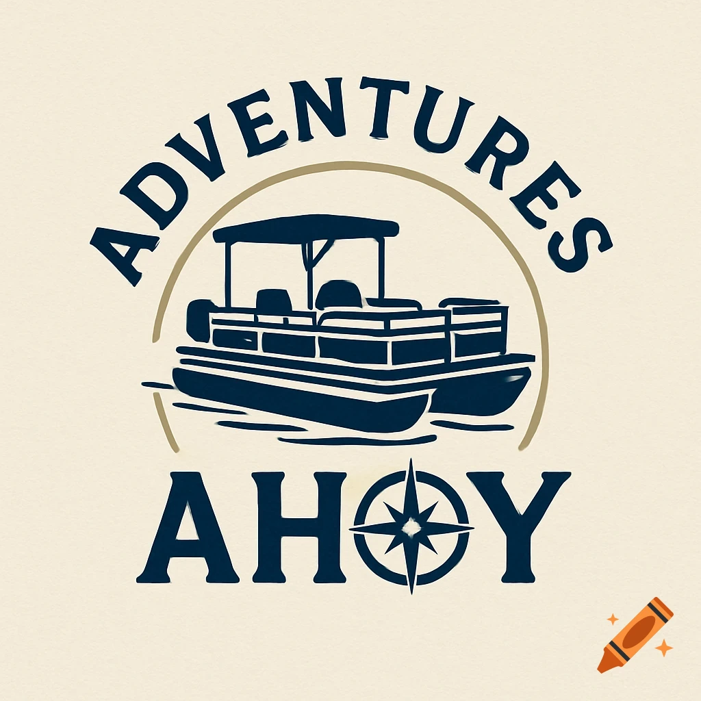 A logo featuring a pontoon boat, the text Adventures Ahoy, and a compass.