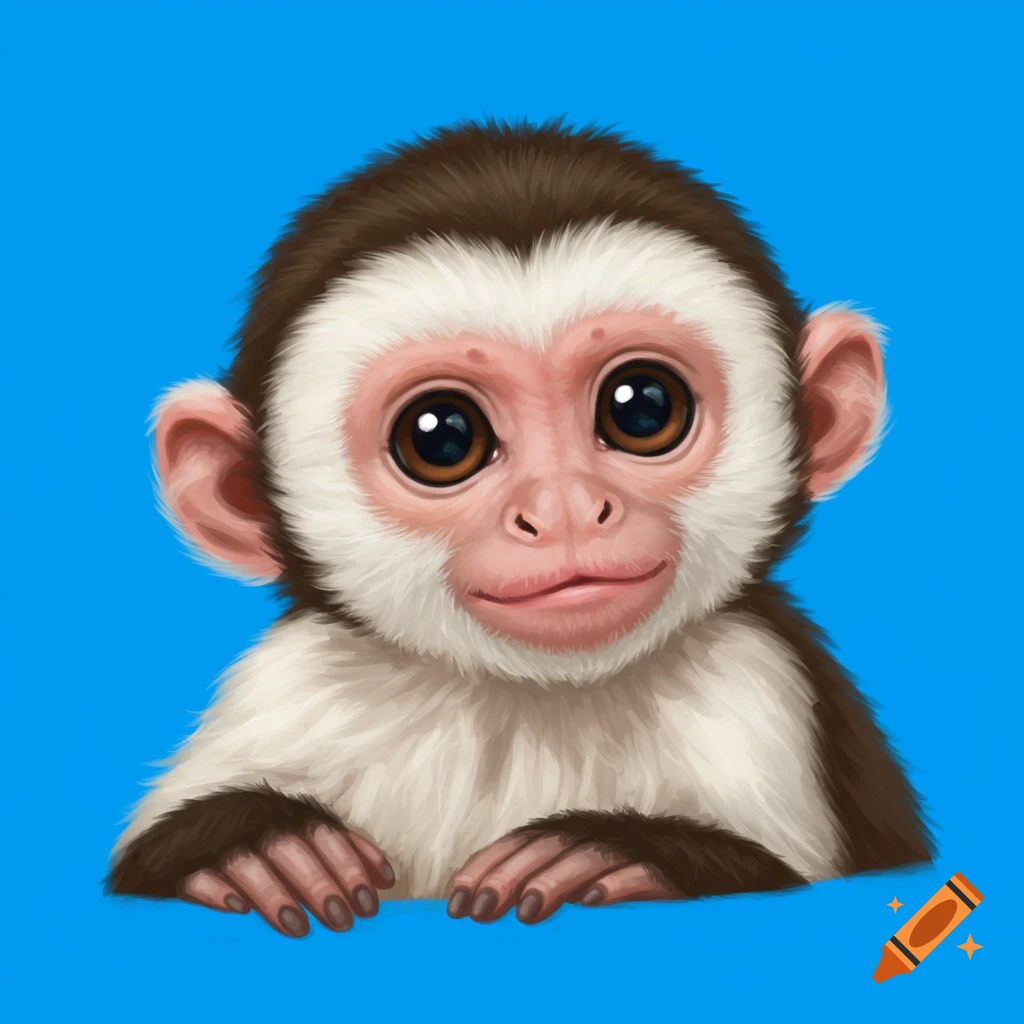 A cute baby monkey with a white face and brown fur on a blue background, digital illustration style.