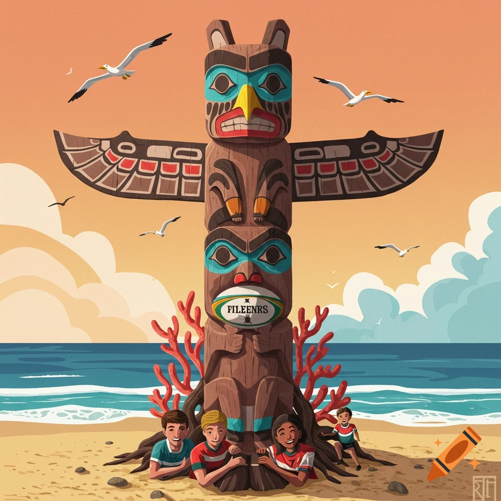 Colorful totem pole on a beach with children below, seagulls flying, illustration style.