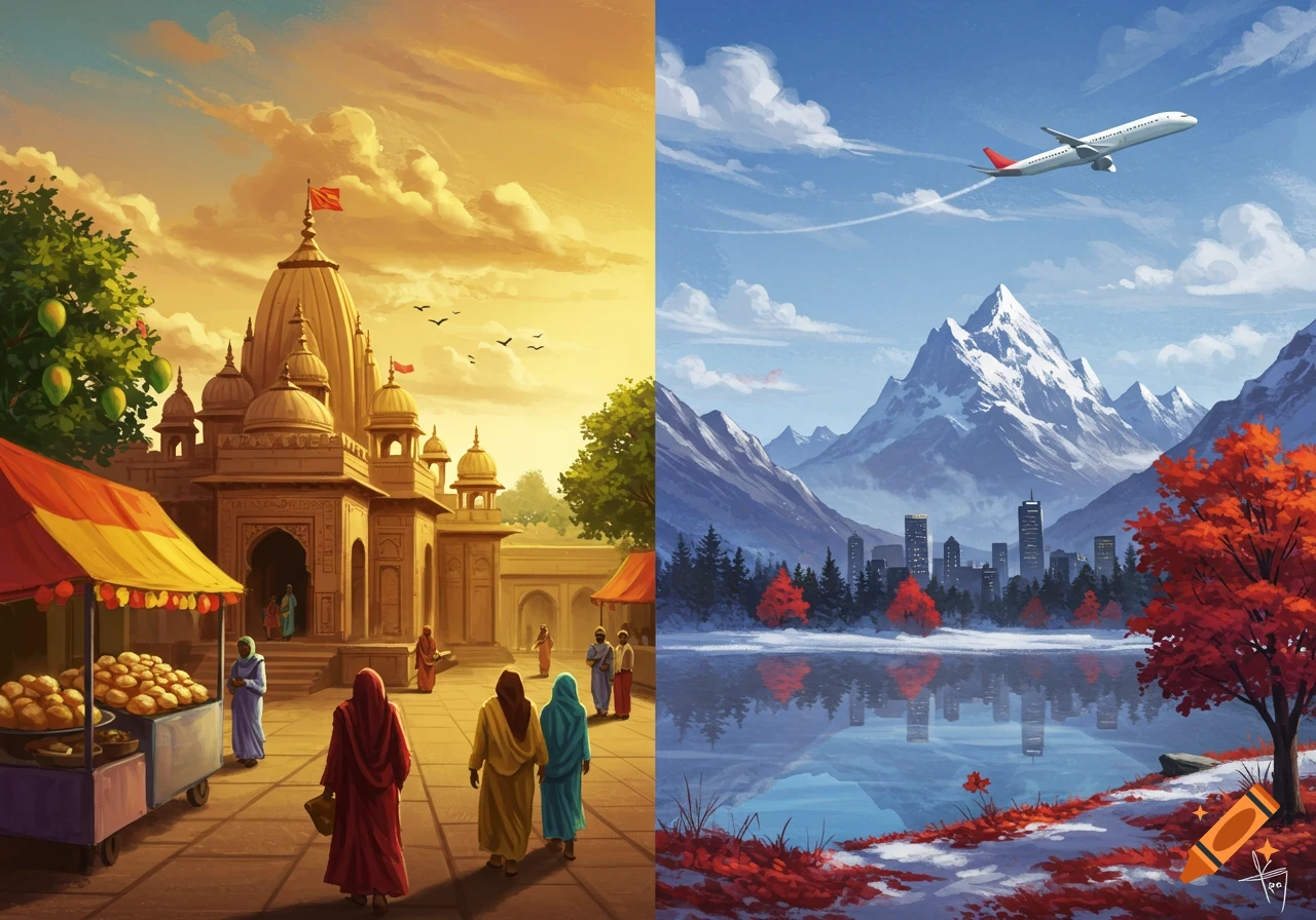 Split image: left shows Indian temple scene with people and food stall, right shows Canadian mountains, city, lake, with airplane.