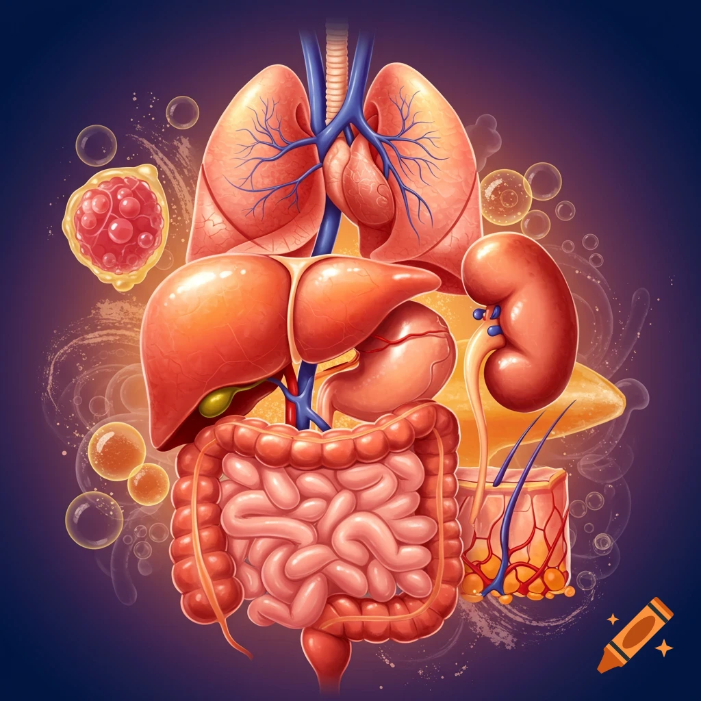 Stylized illustration of human internal organs including lungs, heart, liver, kidneys, and intestines.