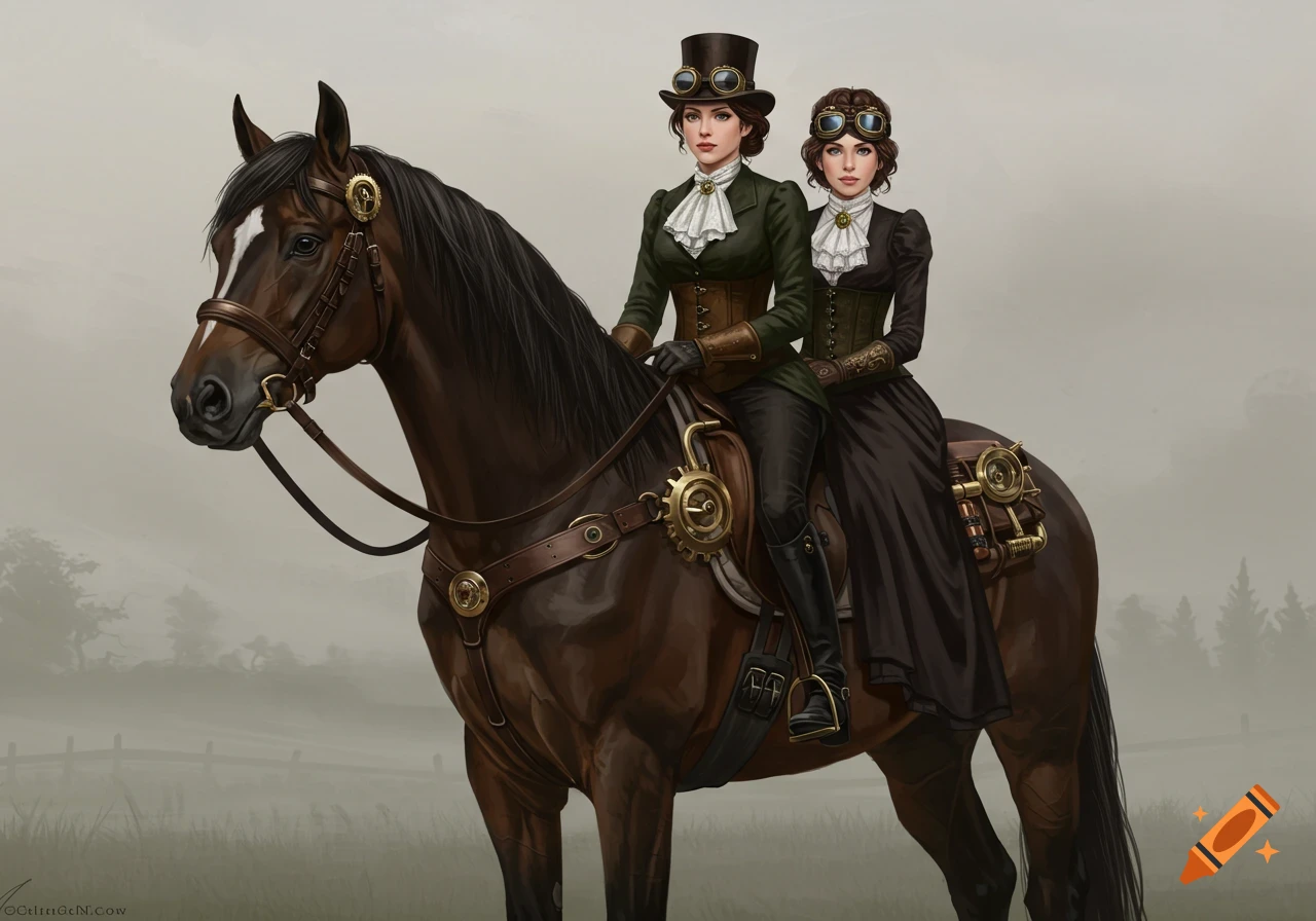 Illustration of two women in steampunk clothes riding a horse through a misty countryside.