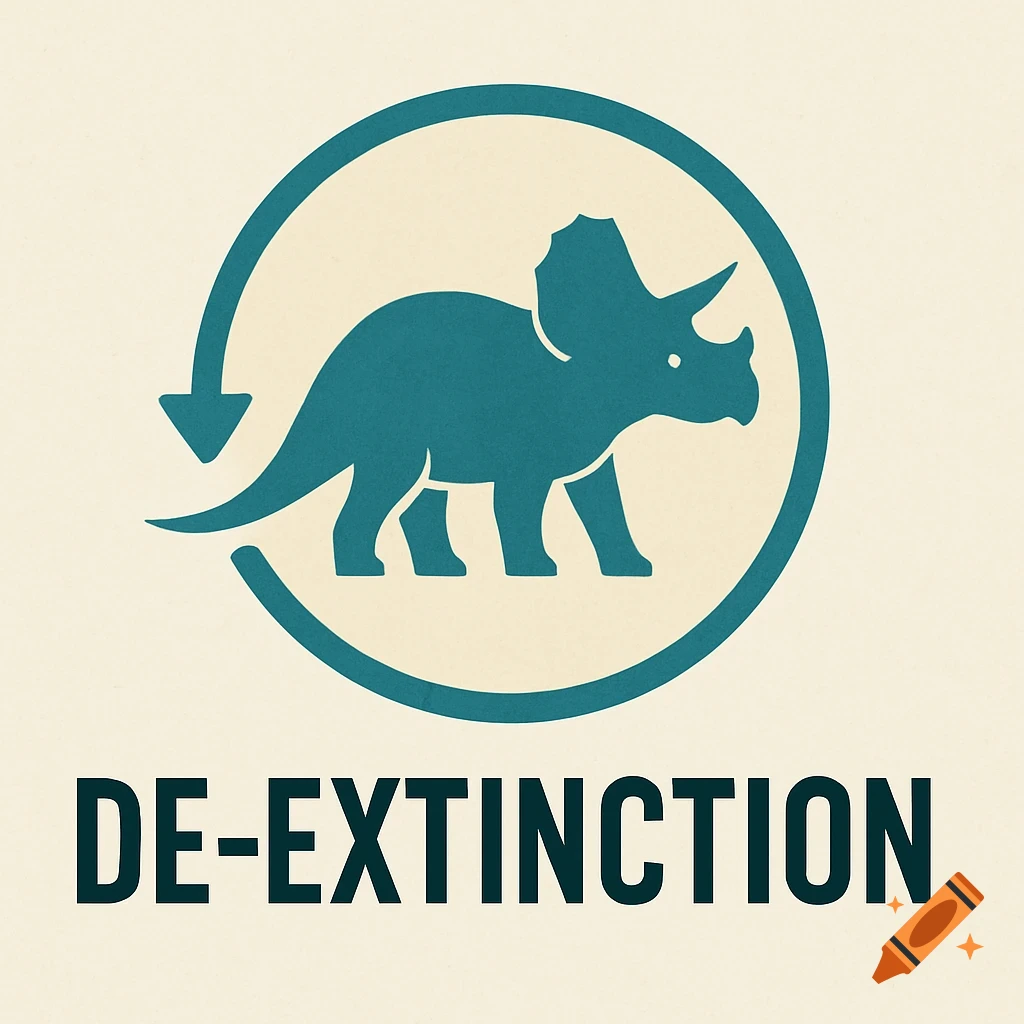 A simplistic logo shows a teal triceratops silhouette inside a circular arrow on a textured cream background. Below is the text "DE-EXTINCTION".