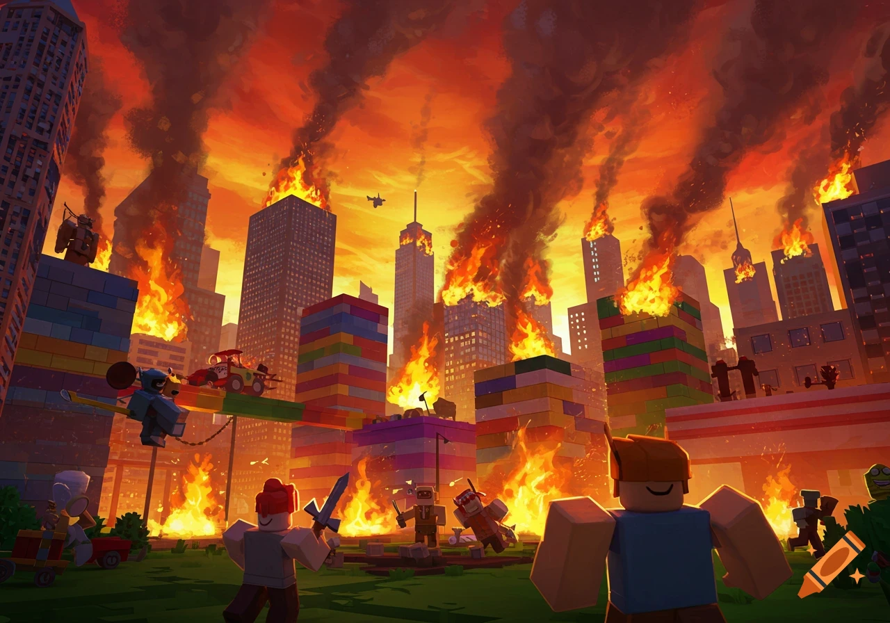 Roblox characters in a burning city landscape
