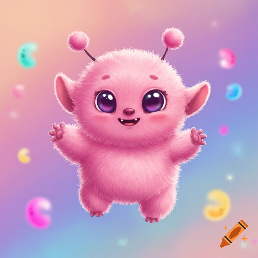 A cute pink fluffy alien with large eyes and antennae floats in a colorful, blurry background with abstract shapes.