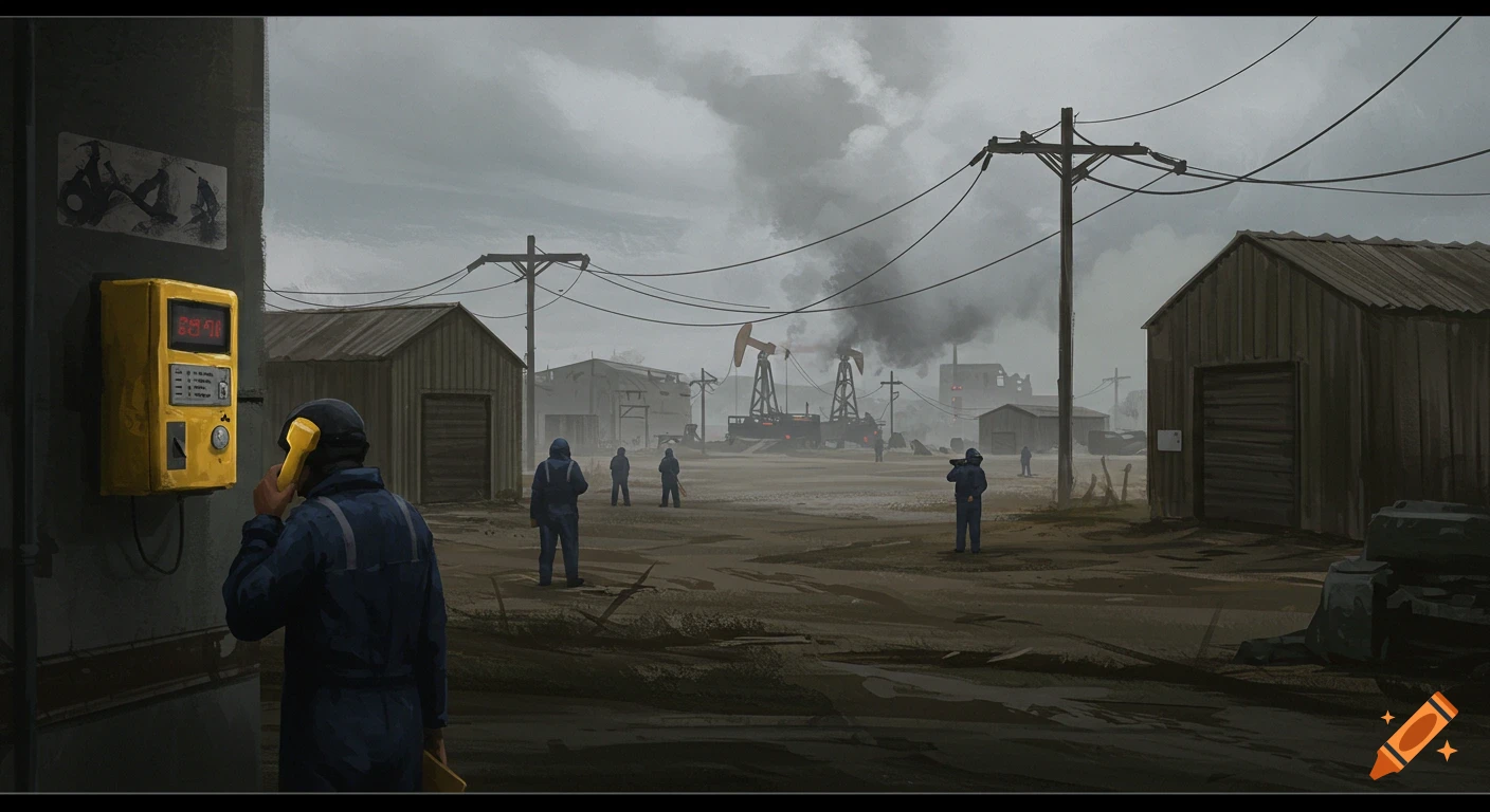 Post-apocalyptic scene with workers in blue coveralls near oil rigs and warehouses. One worker uses a wall-mounted yellow phone.