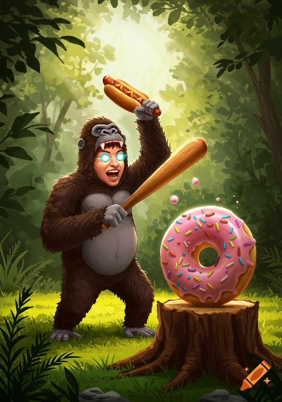 Person in gorilla costume about to hit a giant donut with a bat and hotdog in a forest illustration.