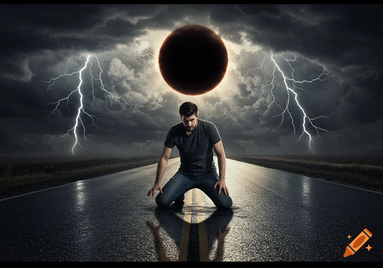 A man kneels on a wet road under a stormy sky with lightning and a large dark orb.
