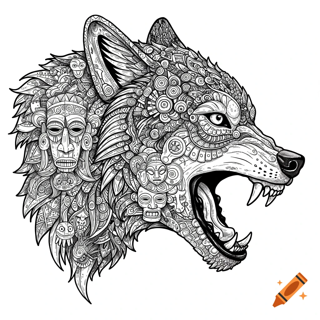 Black and white linework illustration of a snarling wolf head made of anthropological symbols and masks.