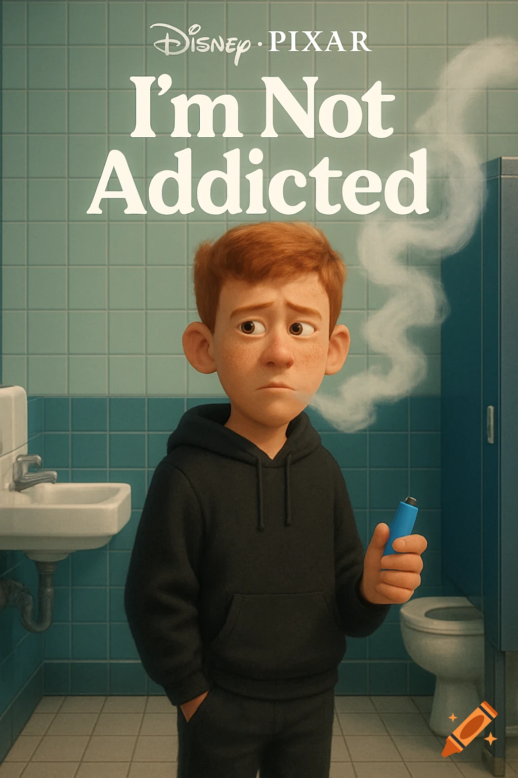 Pixar poster of a boy with a vape in a school bathroom.