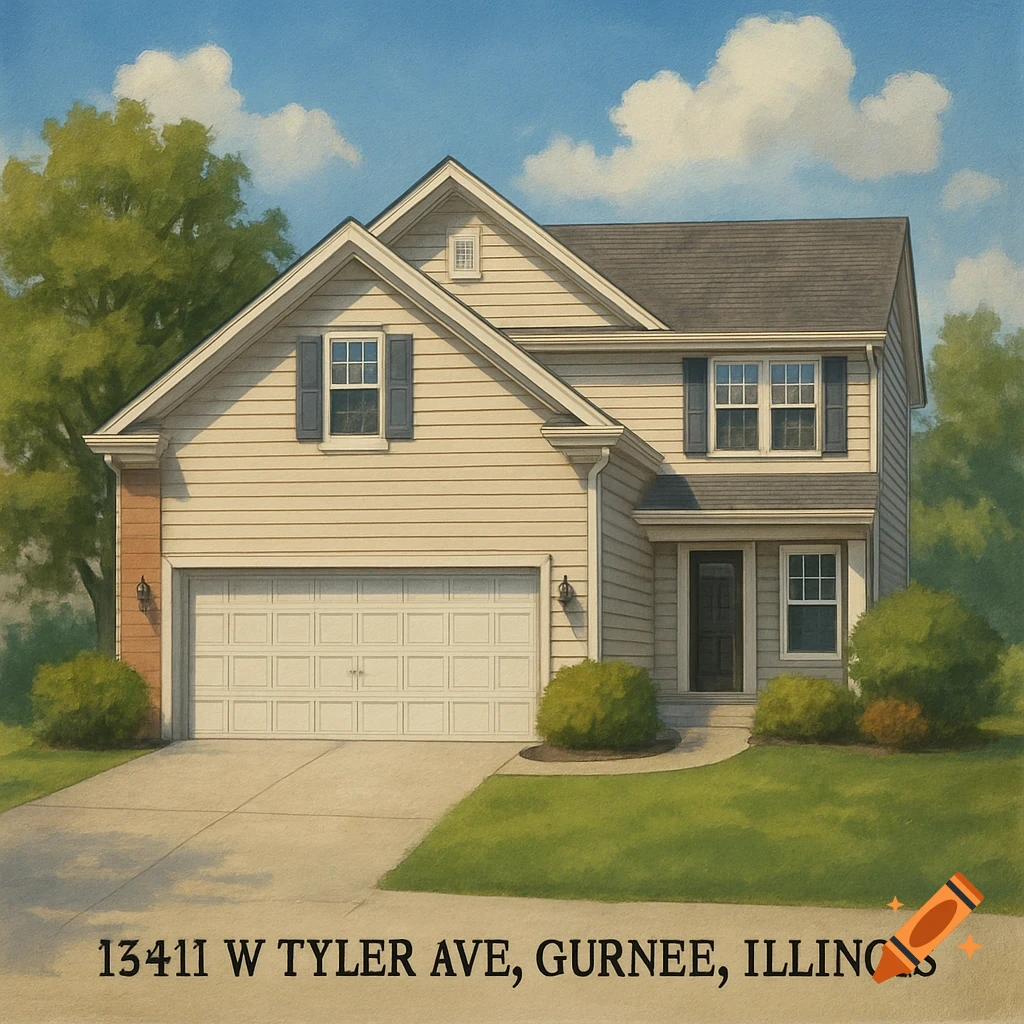 A house with light siding, dark shutters, and a garage, with the address "13411 W TYLER AVE, GURNEE, ILLINOIS" printed below in a painting style.