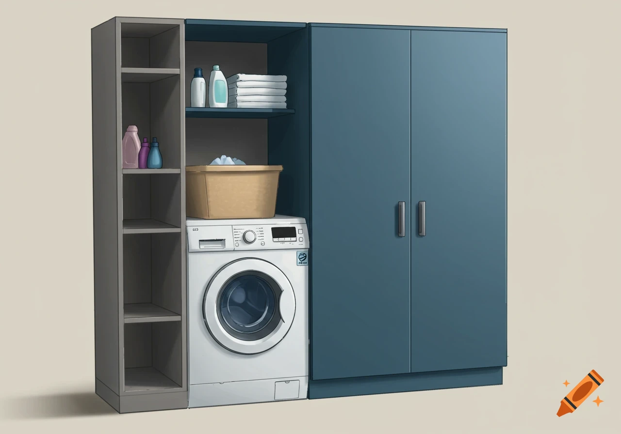 A laundry area with a washing machine, shelves holding bottles and towels, and blue cabinets.