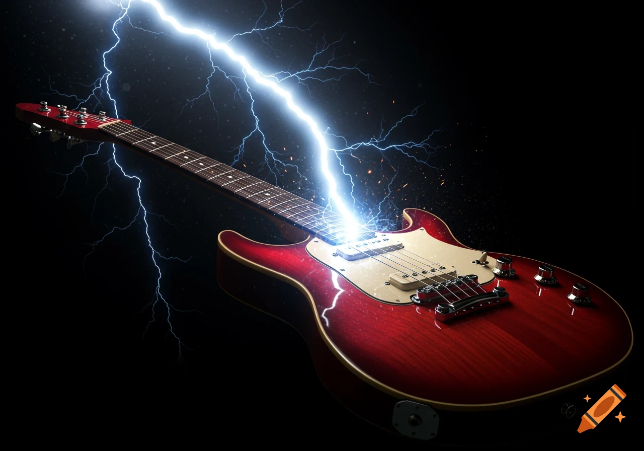 Red electric guitar struck by a bright lightning bolt on a dark background with sparks.