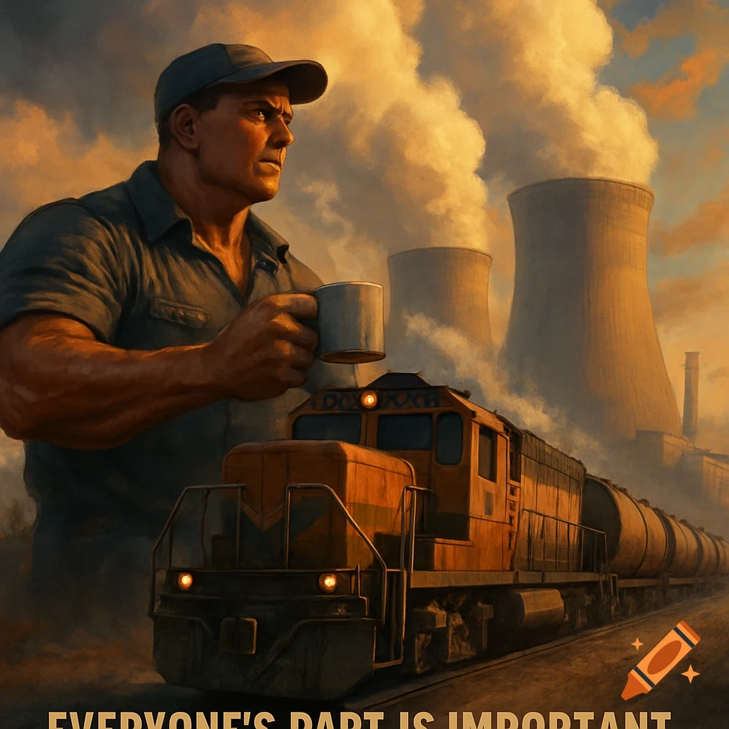 A worker with a mug stands beside a train with smoking power plants behind him at sunset.