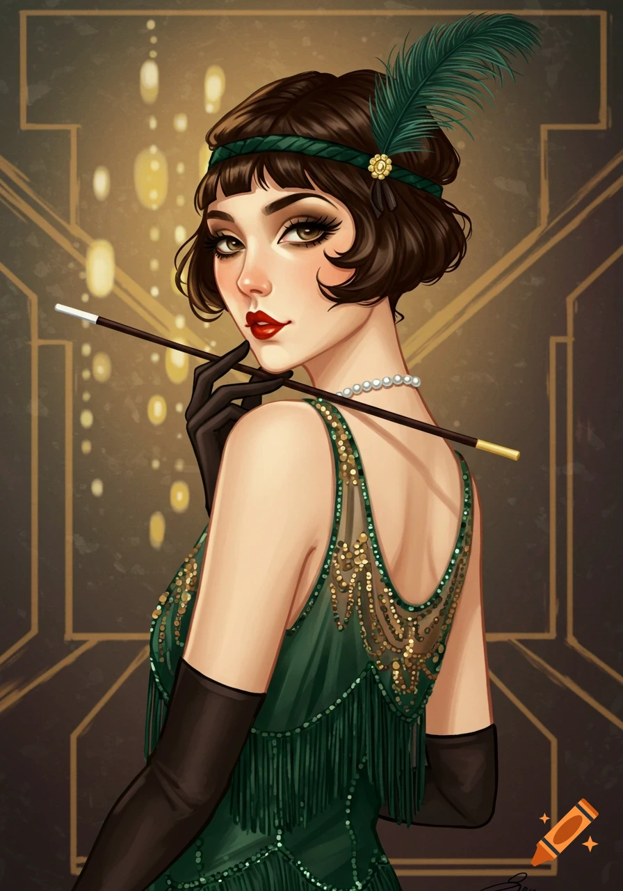 Stylish illustration of a woman in a green 1920s flapper dress holding a cigarette holder.