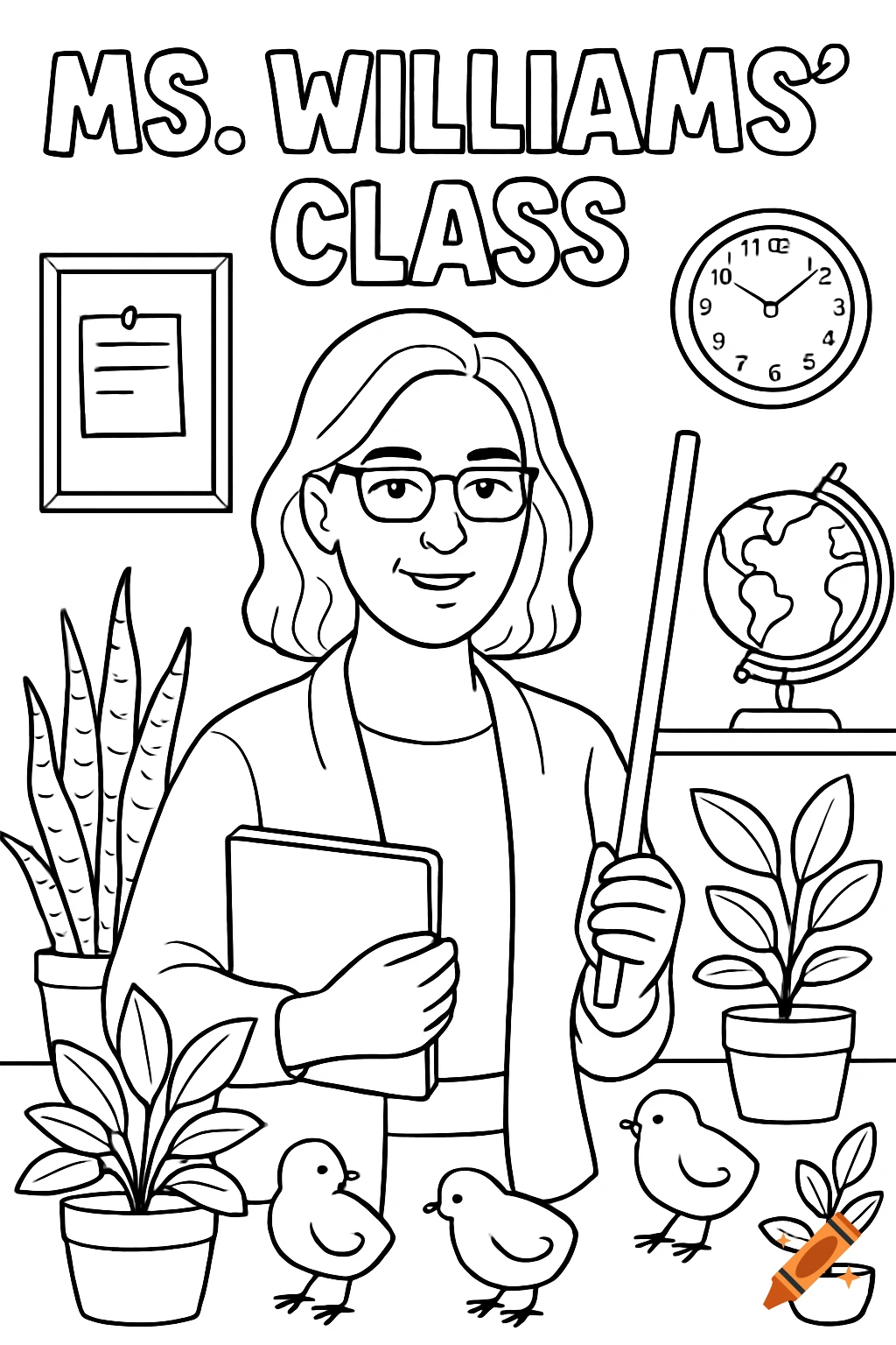 Black and white coloring page of a teacher in a classroom with plants, a globe, and chickens.