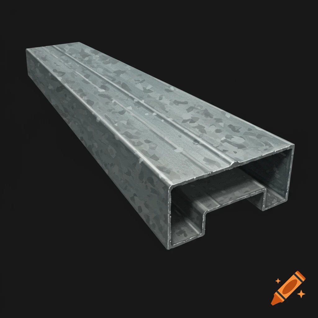 A close-up view of a section of galvanized steel channel or beam.