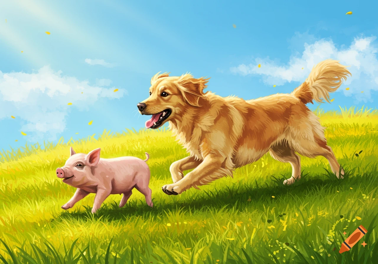 A golden retriever and a pig run together on a grassy hill under a sunny sky, in a bright illustration style.