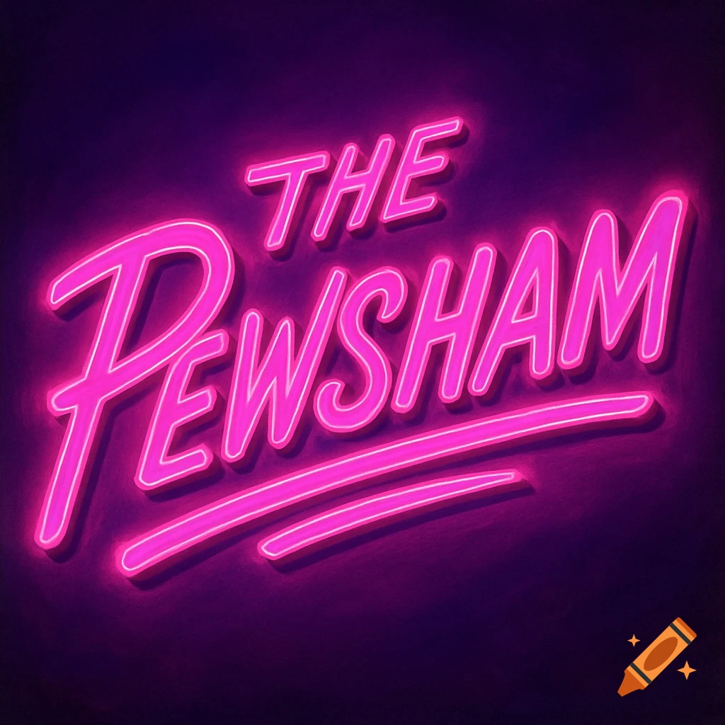 Neon sign displaying the text THE PEWSHAM in pink against a dark background.